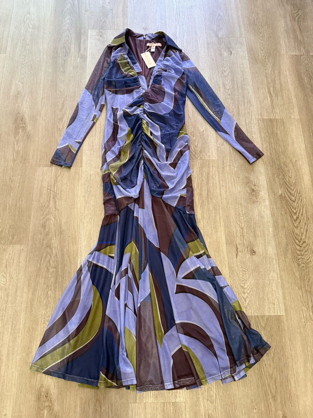 hutch geometric abstrac swirl ruched long sleeve mesh maxi dress size small NEW